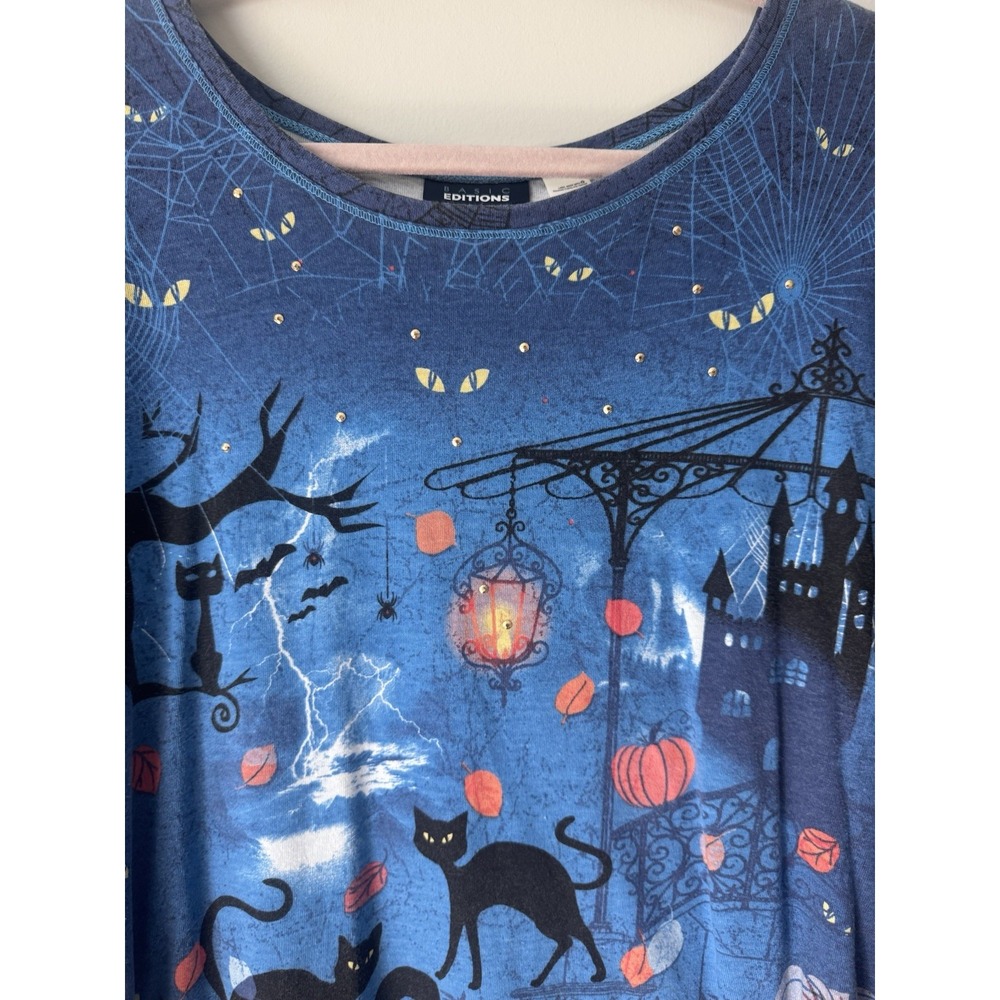 Vtg Y2K Allover Graphic Halloween 3/4 Sleeve Top Black Cat Studded Pumpkin 2XL - Picture 6 of 7